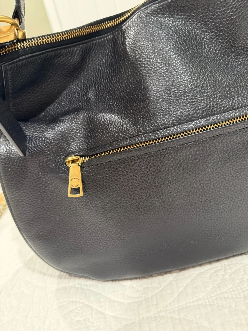 Coach Elle Hobo Black Pebbled Leather Shoulder Bag with Gold Hardware